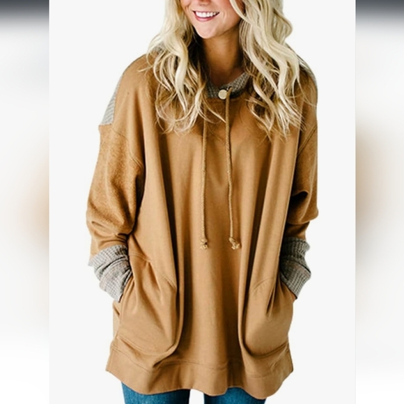 Tops - Tan Oversized Hoodie with Gray Accents